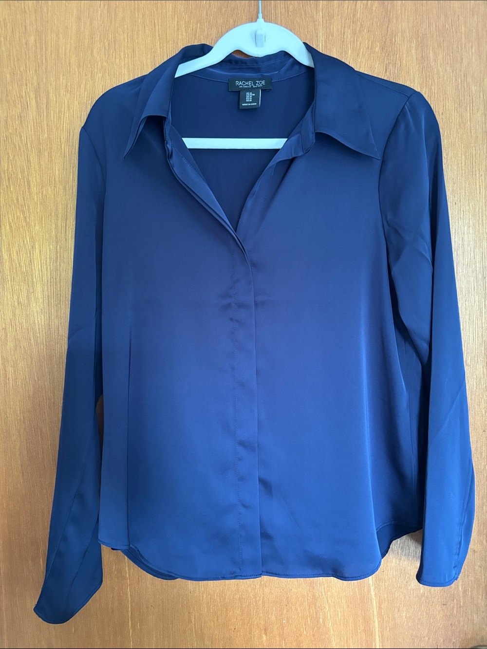 Rachel Zoe Deep Navy Silk-Look Button Down Blouse